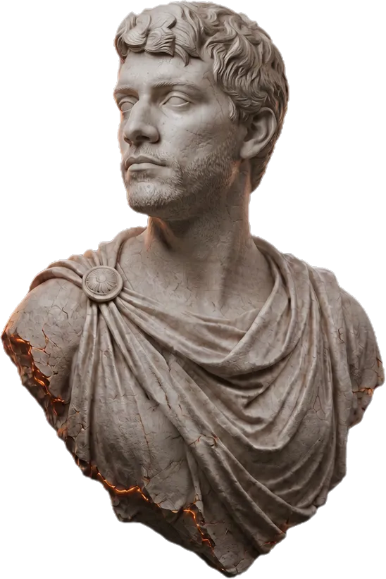 A stylized Greek-statue portrait of the developer behind ApotheonAI